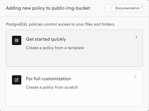 「Adding new policy to public-img-bucket」より、「Get started quickly」を選択する